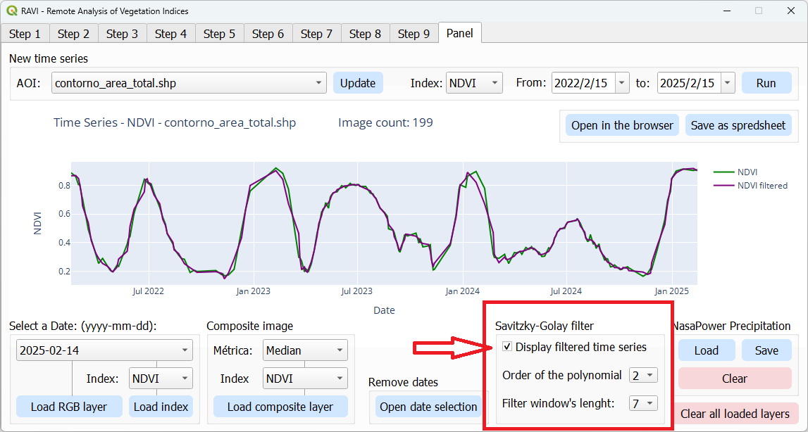 Savitzky-Golay filter settings interface
