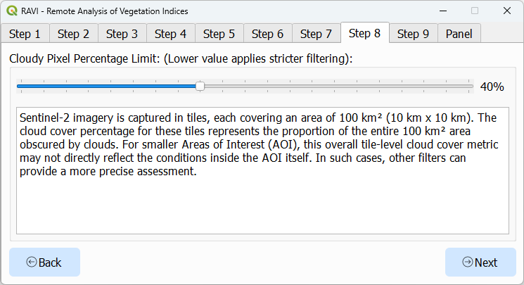Interface for setting cloud pixel percentage filter