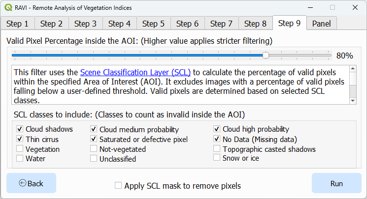 Interface for setting valid pixel percentage filter