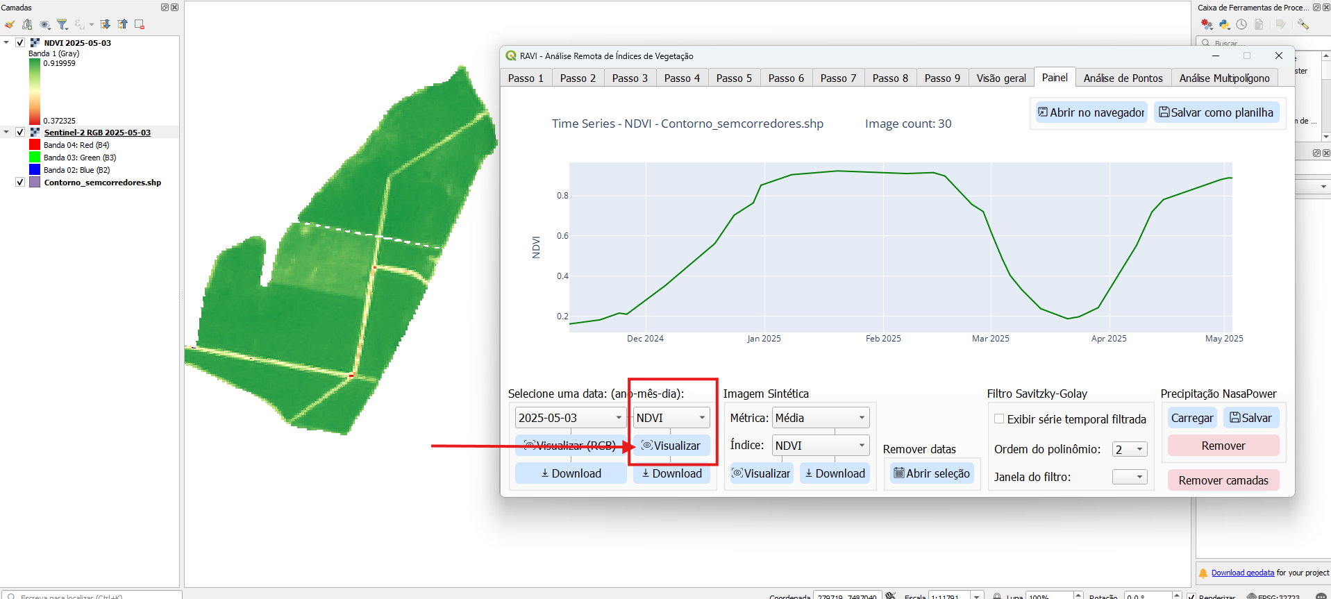 Visualização de camada de índice de vegetação no QGIS