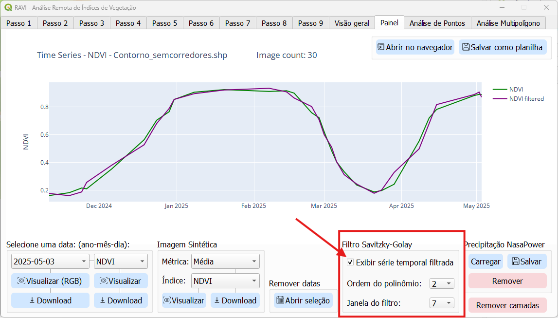 Interface de configurações do filtro Savitzky-Golay