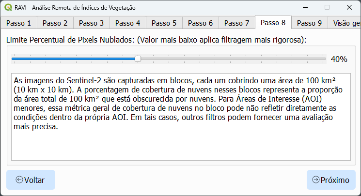 Interface para configurar filtro de porcentagem de pixels nublados
