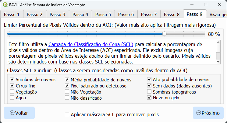 Interface para configurar filtro de porcentagem de pixels válidos